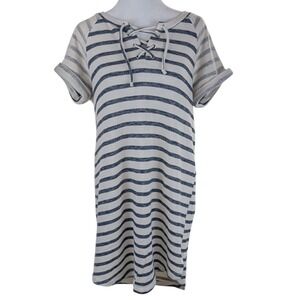 C Active T-Shirt Dress Size Medium Ivory Blue-Gray Striped Knit Short‎ Casual